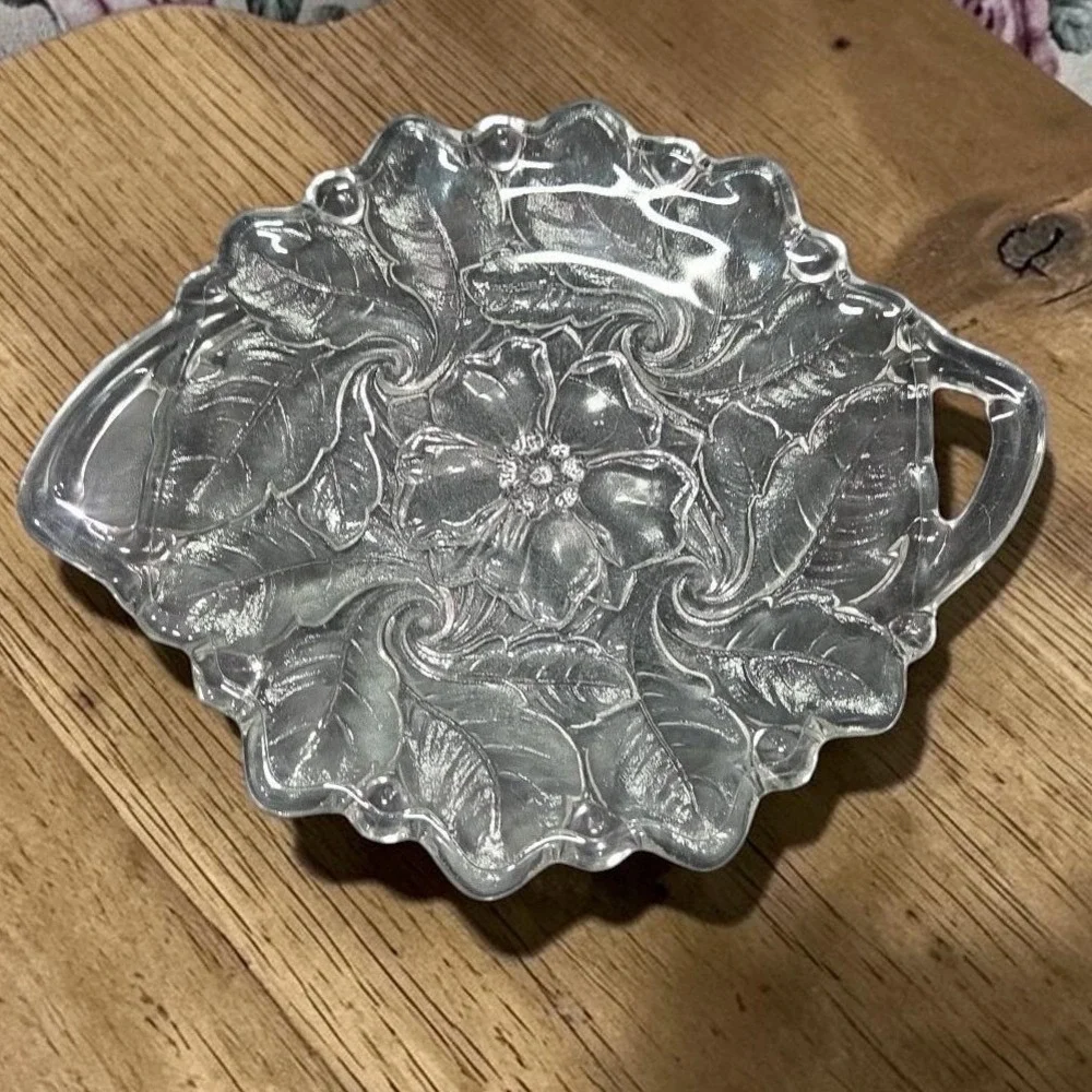 Indiana Glass‎ Handled Serving Tray, Vtg Embossed Wild Roses Design, Centerpiece